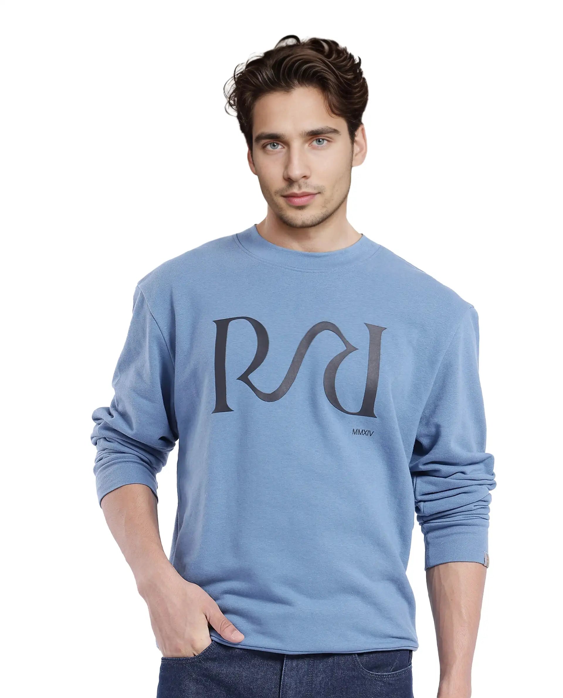 Rare Rabbit Men's Oris Dusky Blue Cotton Blend Fabric Full Sleeve Crew Neck Printed Sweatshirt