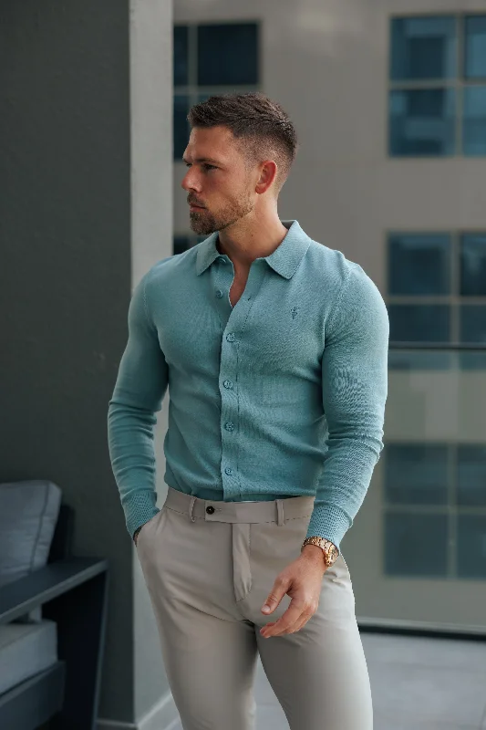 Father Sons Classic Plain Teal Knitted Button Through Polo Long Sleeve - FSN213