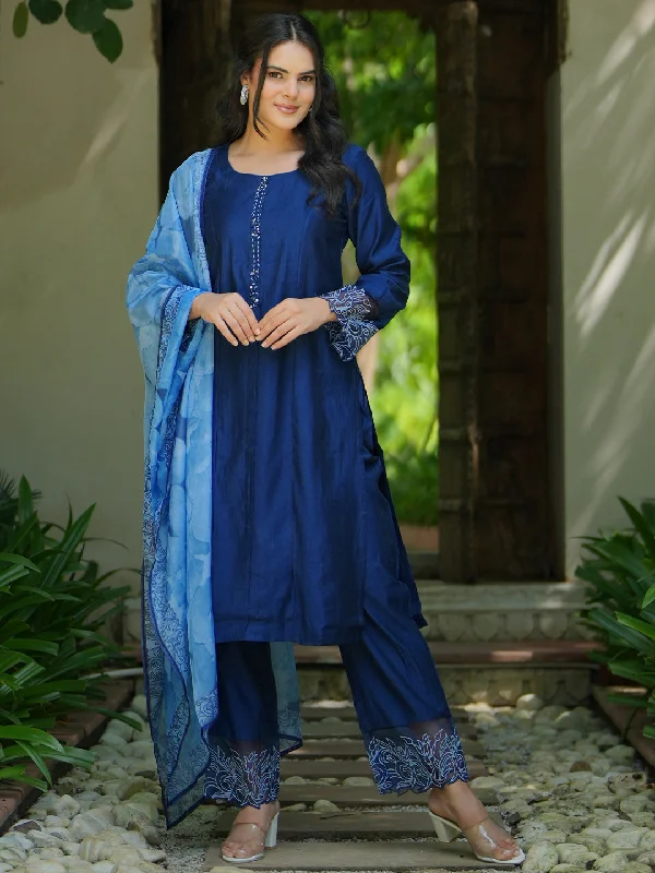 Blue Yoke Design Silk Blend Straight Suit With Dupatta