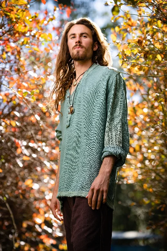 Mens Long Sleeve Top Handmade Neo Matrix Green Apocalyptic Shirt, Gypsy Earthy Rugged Tribal Nomadic Ethnic Festival Rave Primitive AJJAYA