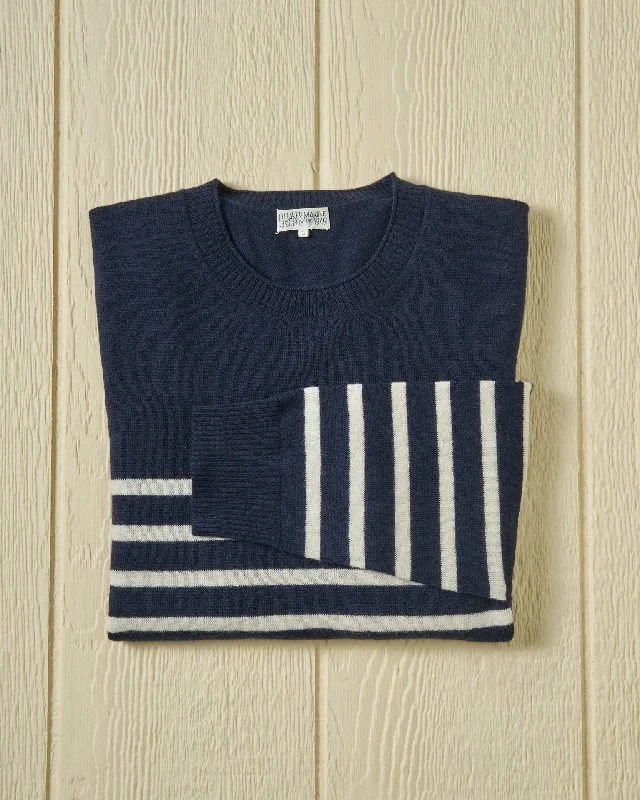 Merino Roll Neck Sweater in Navy/Egret Placed Stripe