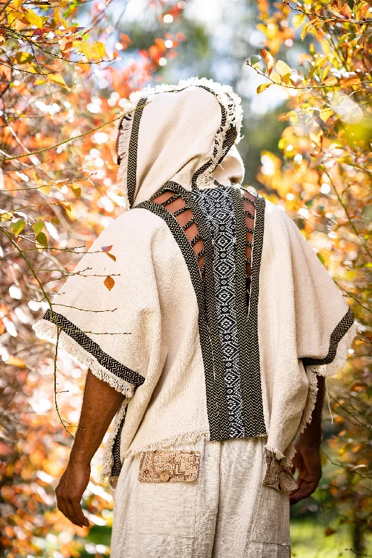 Mens Hooded Kimono Vest Beige Alchemist Wizard Sorcerer Tribal Ritual Ceremony Gypsy Festival Magic Magia Alchemy Primitive Rave Boho AJJAYA