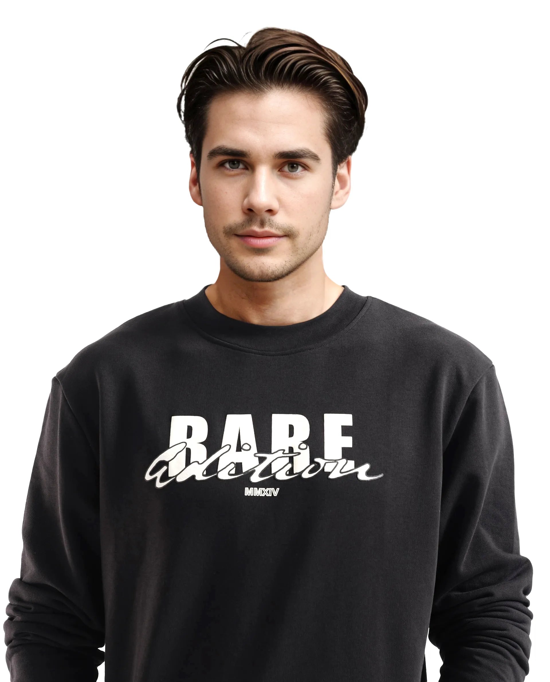 Rare Rabbit Men's Roven Black Cotton Blend Fabric Full Sleeve Crew Neck Puff Printed Sweatshirt