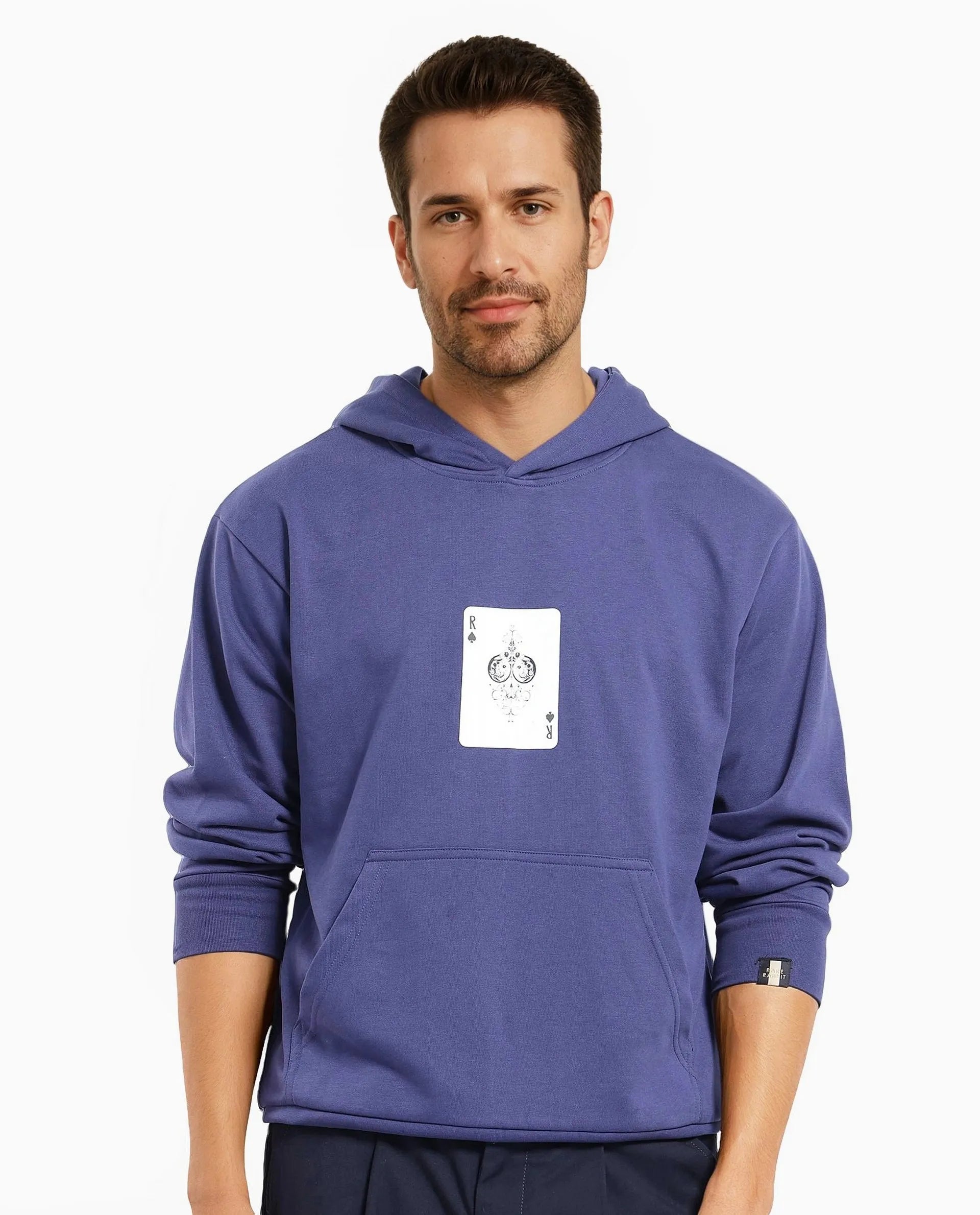 Rare Rabbit Men Meloro Navy Cotton Polyester Fabric Full Sleeve Hooded Regular Fit Printed Sweatshirt