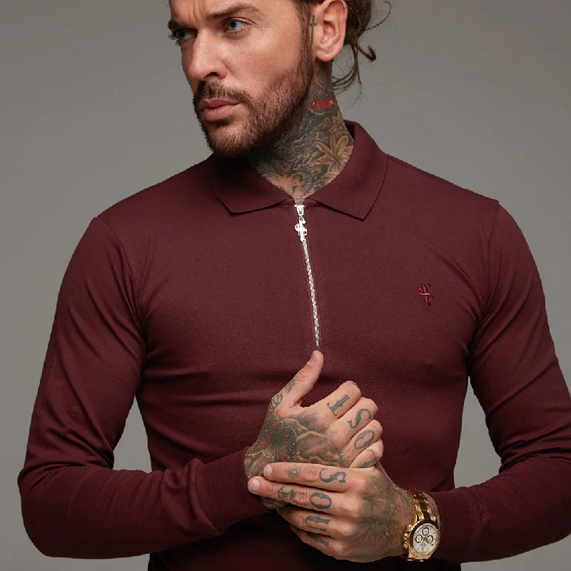 Father Sons Classic Burgundy Zipped Polo Long Sleeve Shirt - FSH022