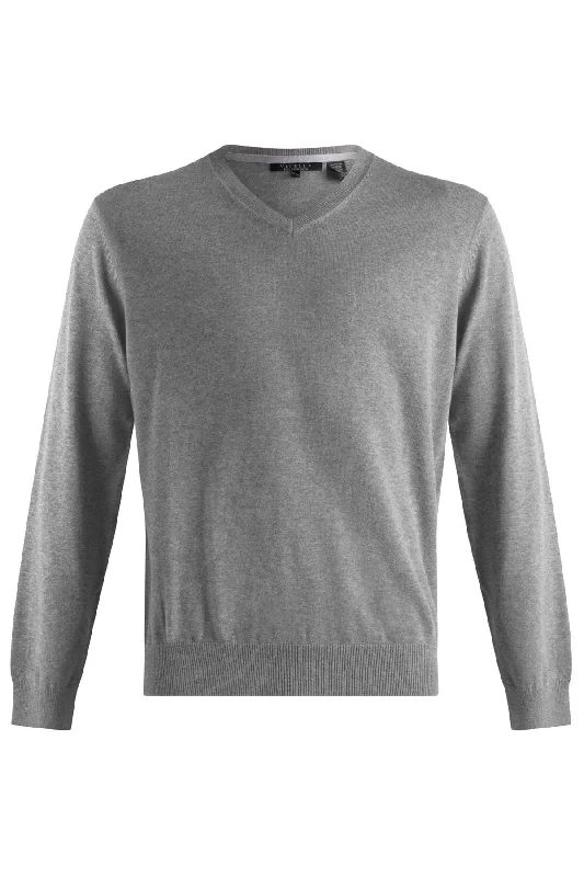 Cotton and Silk Blend Elbow Patch V-Neck Sweater in Heather Grey by Viyella