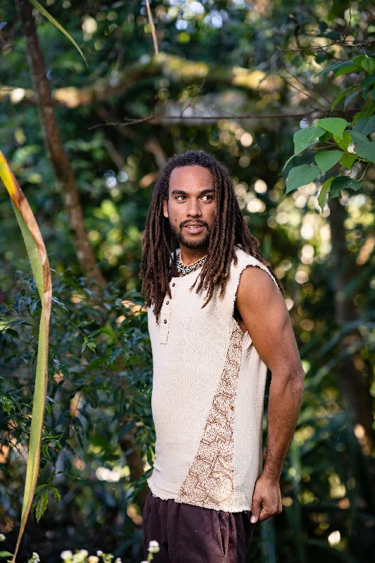 Neo SHIPIBO Beige Mens Gypsy Sleeveless Earthy Top T Shirt, Open Neck Tank Tribal Jungle Primitive Festival Rave AJJAYA Nomadic Primitive