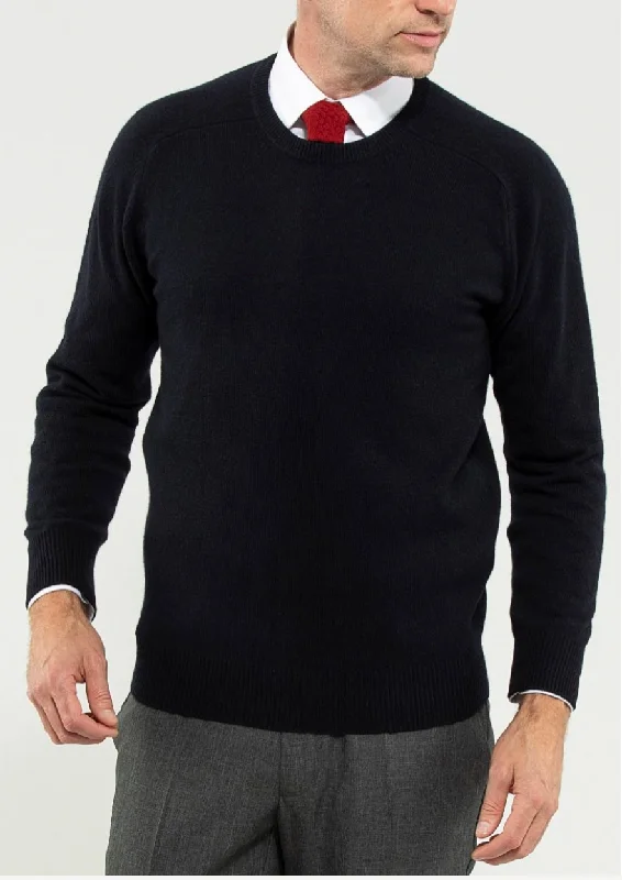 Alan Paine Sweater - Navy Dorset Lambswool Saddle Shoulder Crew Neck Sweater - Classic Fit