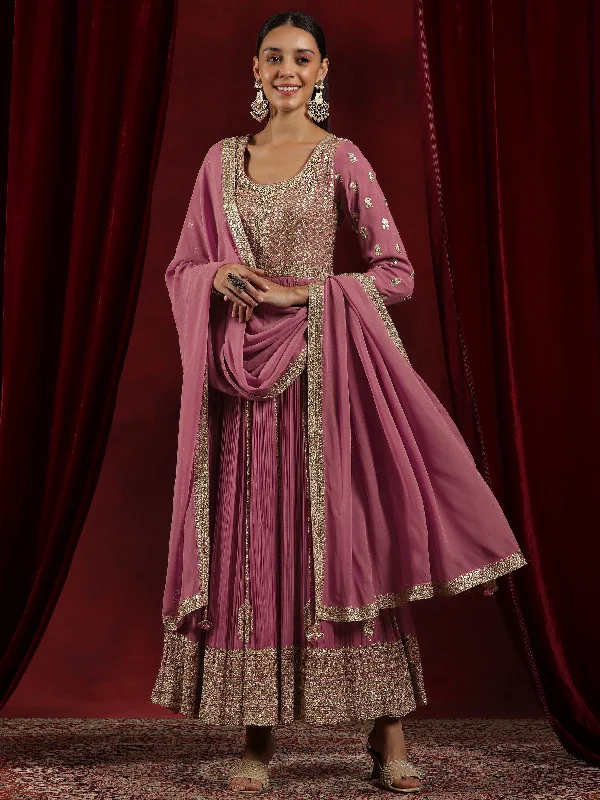 Libas Art Pink Embroidered Georgette A-Line Kurta With Trousers & Dupatta