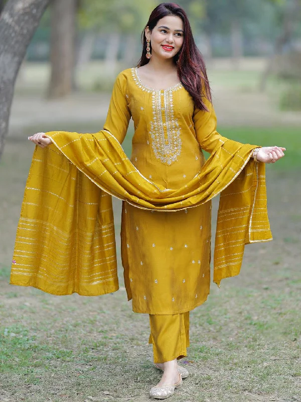 Mustard Yoke Design Silk Blend Straight Suit With Dupatta