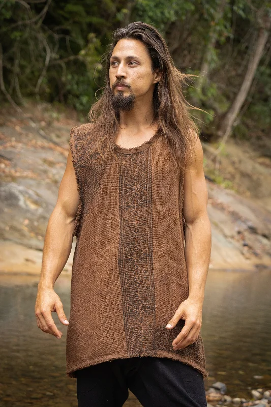 AKAU Brown Tank Top Sleeveless Shirt Shipibo Block Printed Handmade Natural Muscle Cotton Shamanic Tribal Festival Ceremony Ritual AJJAYA