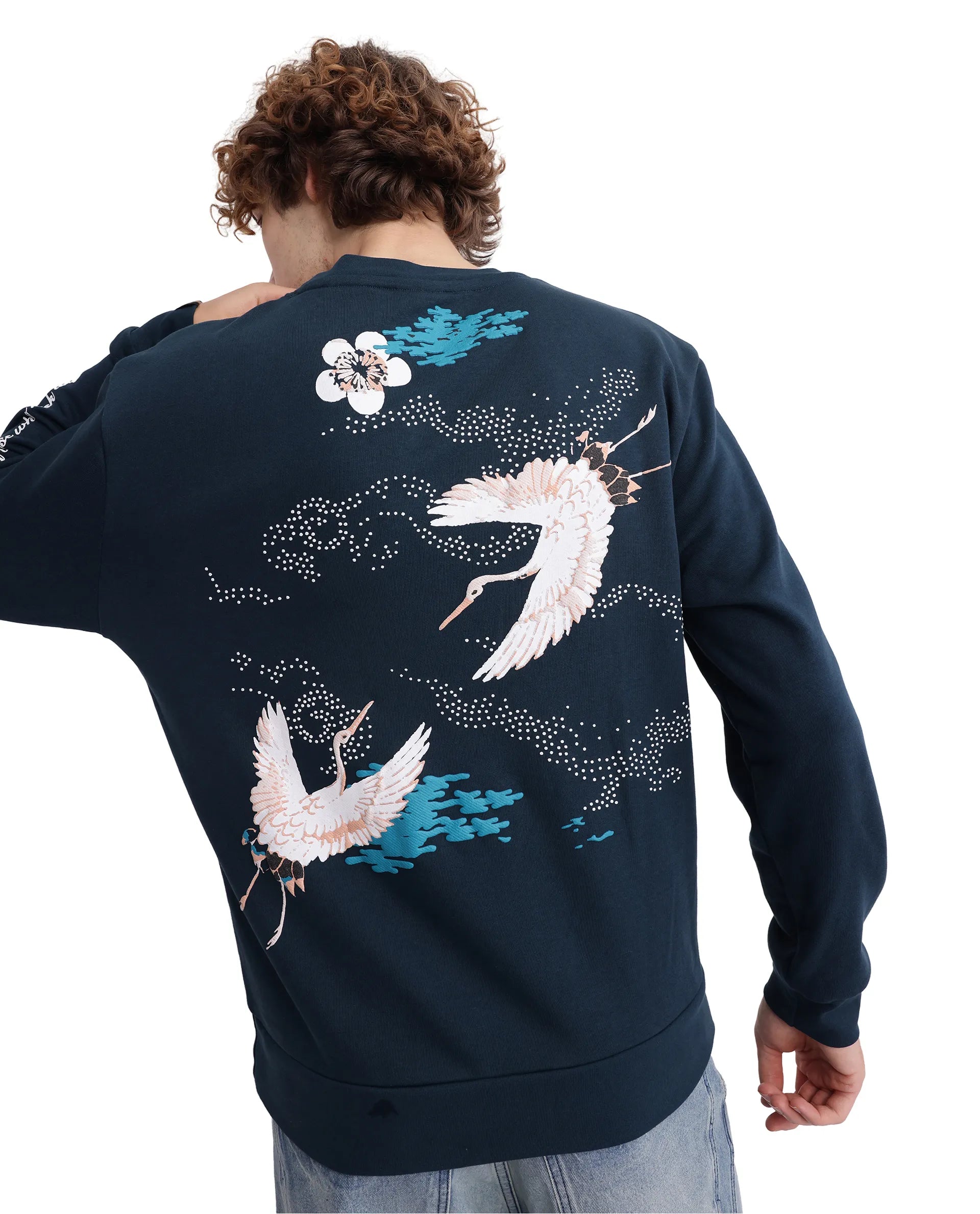 Rare Rabbit Men's Lain Petrol Cotton Blend Fabric Full Sleeve Crew Neck Boxy Fit Sweatshirt