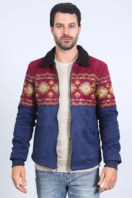 Mens Ethnic Aztec Fur Lined Quilted Suede Navy Jacket