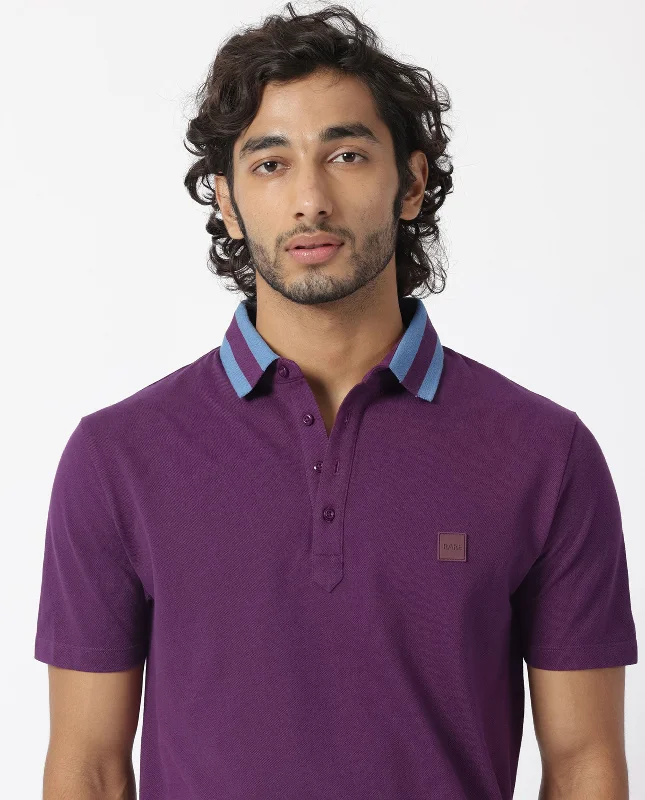 Rare Rabbit Men's Divide Dark Maroon Cotton Fabric Striped Collar Half Sleeves Polo T-Shirt