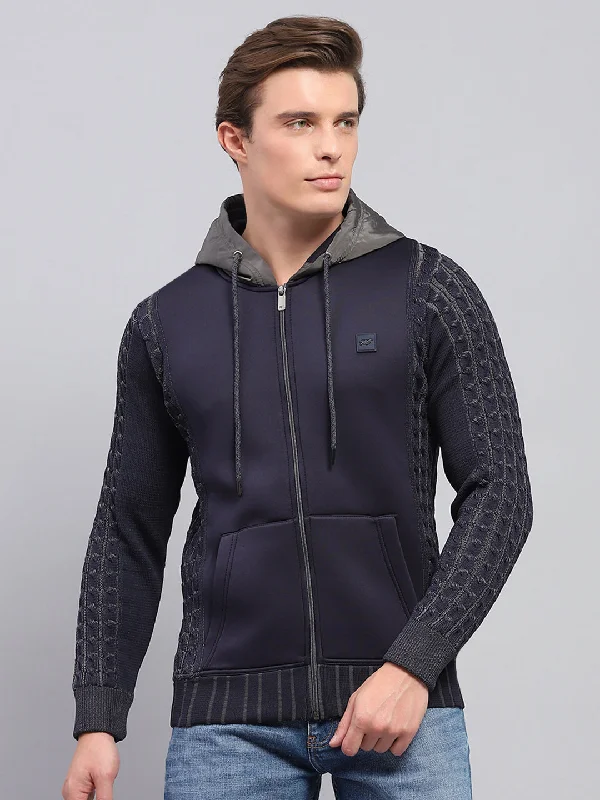 Men Navy Blue Solid Hooded Full Sleeve Pullover