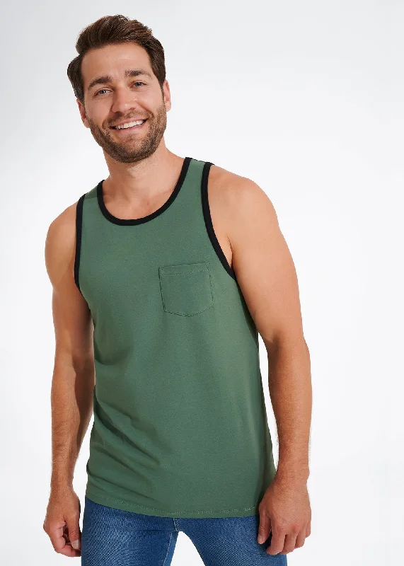 Cotton Stretch Ringer Pocket Tank | Olive w/Black