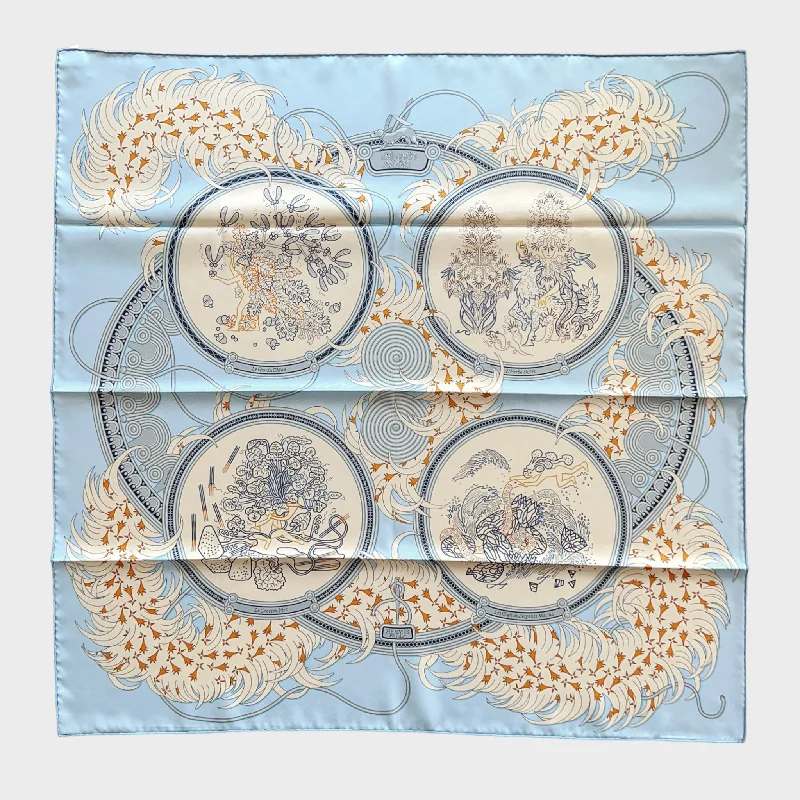 Hermes Legende Brodee Scarf 90, In Bleu Ciel, Creme And Marine