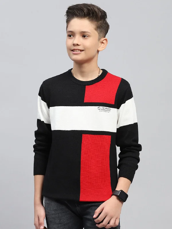 Boys Black Self Design Round Neck Full Sleeve Pullover