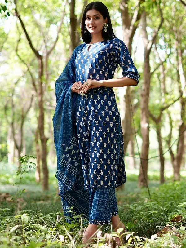 Blue Printed Cotton Straight Kurta With Palazzos & Dupatta