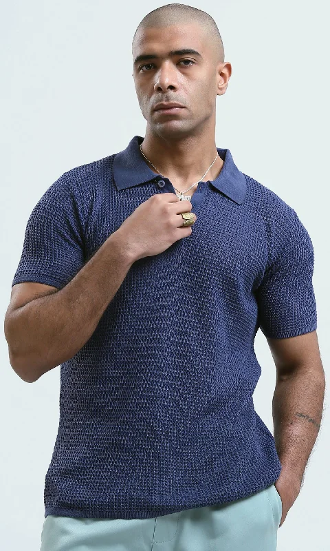 O182757 Short Sleeves Indigo Knitted Polo Shirt