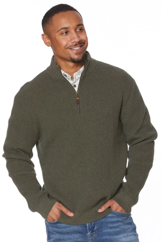 Cotton Waffle-Knit Quarter-Zip Mock Neck Sweater in Green by Viyella