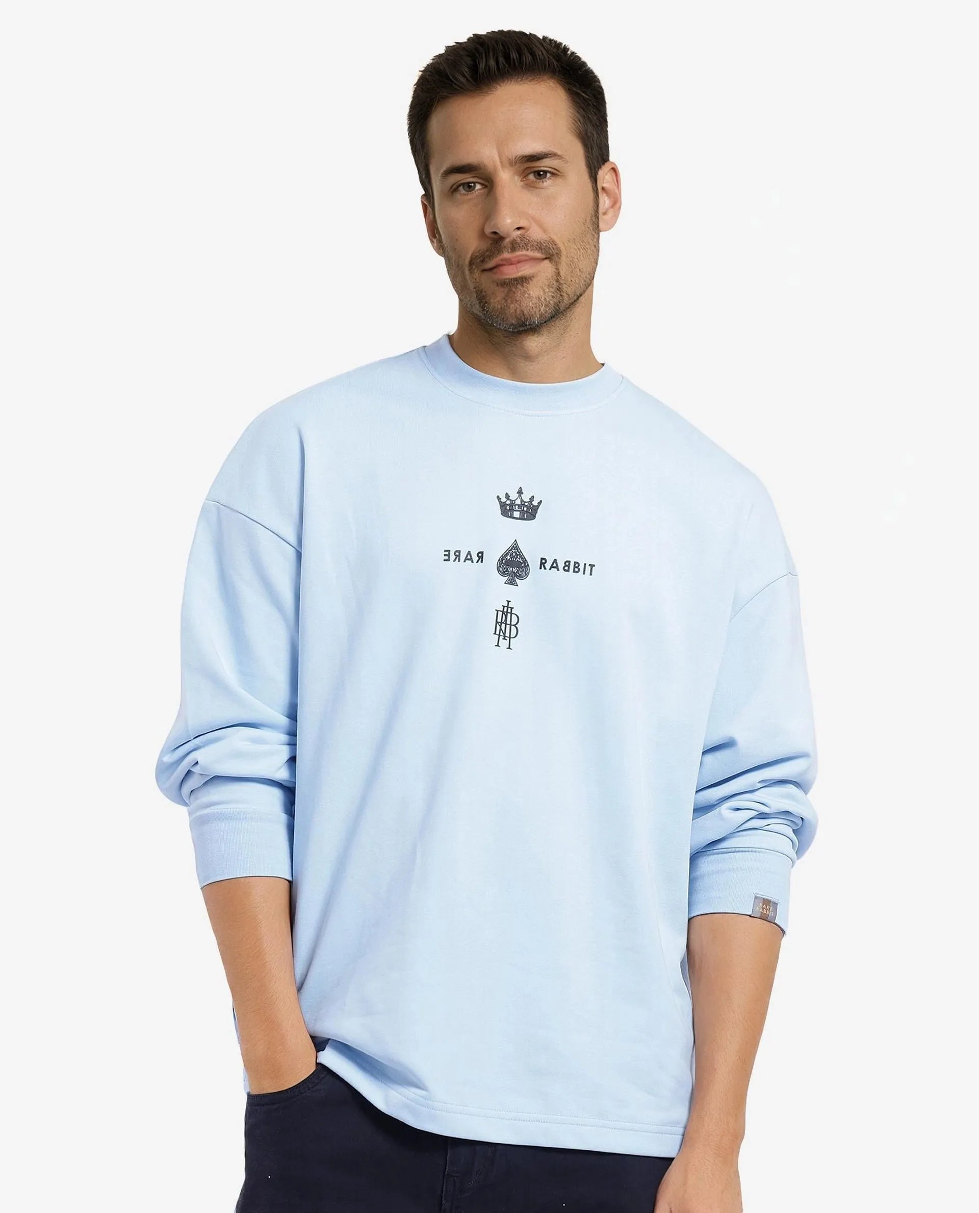 Rare Rabbit Men Remor Light Blue Cotton Polyester Fabric Full Sleeve Crew Neck Regular Fit Printed Sweatshirt