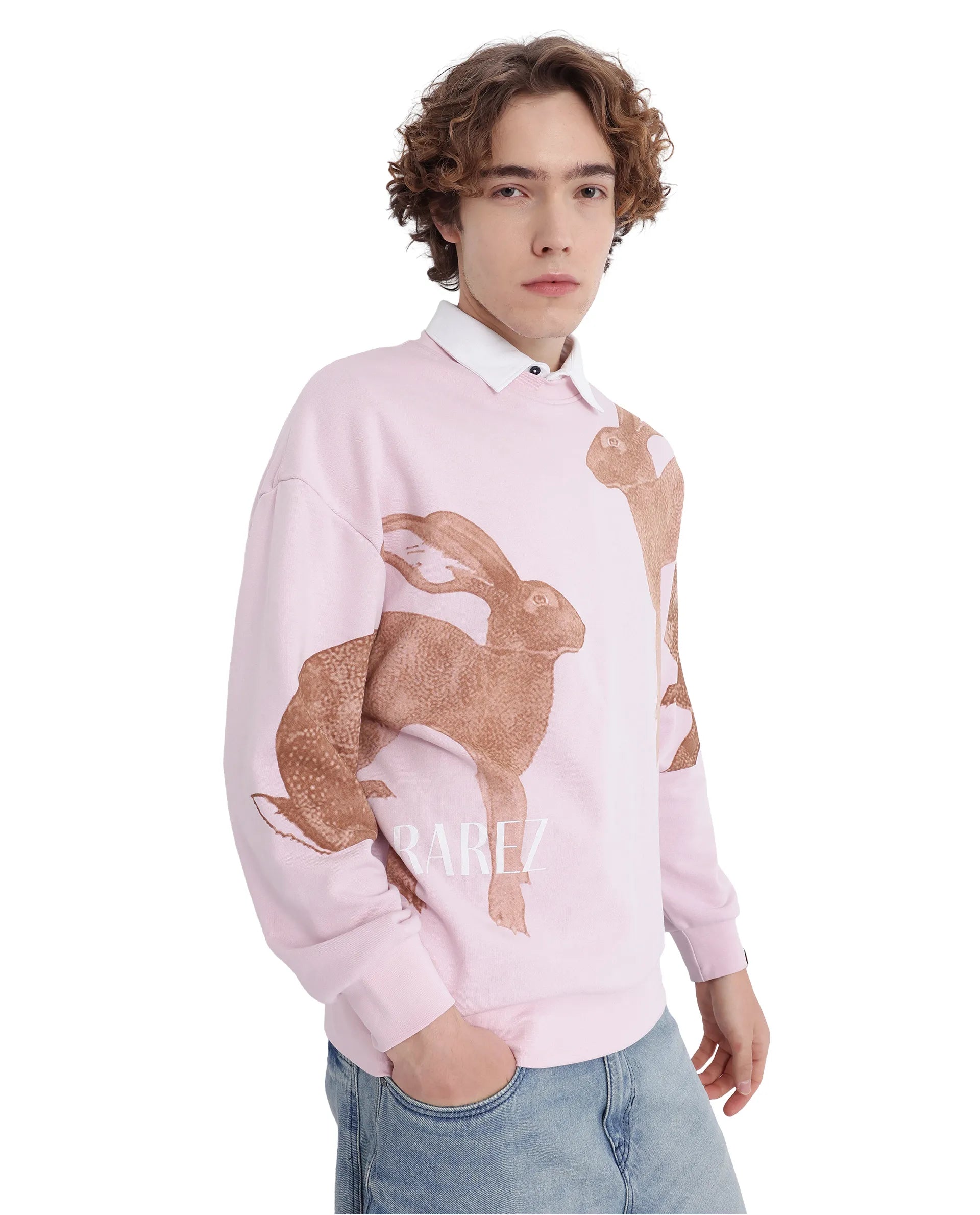 Rare Rabbit Men's Nellei Light Pink Cotton Blend Fabric Full Sleeve Crew Neck Boxy Fit Animal and Typography Print Sweatshirt