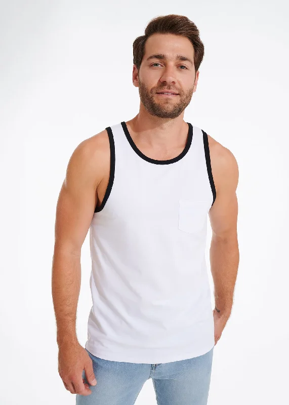 Cotton Stretch Ringer Pocket Tank | White w/Black