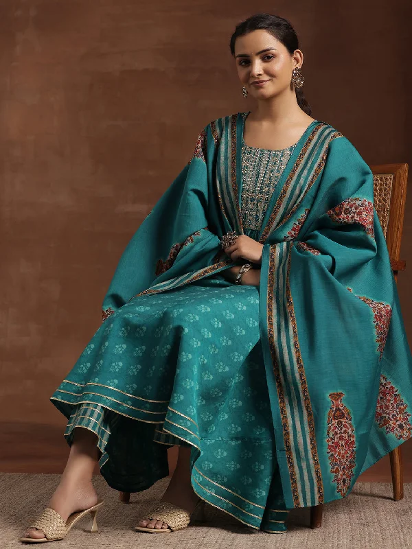 Blue Printed Silk Blend Anarkali Suit With Dupatta