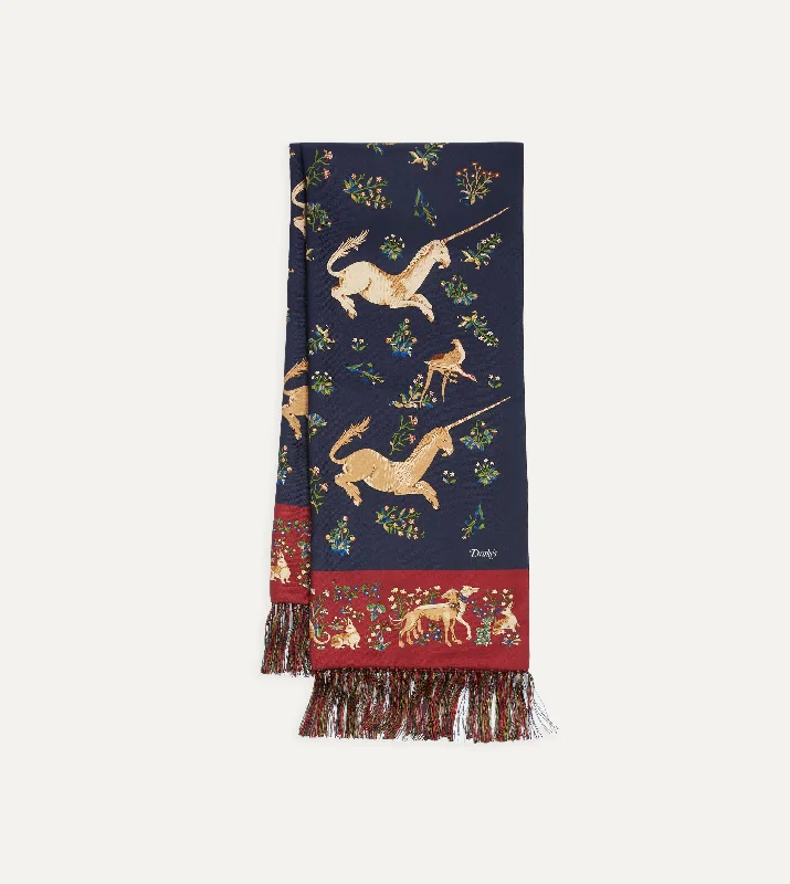 Navy Unicorn Print Tubular Silk Tasselled Scarf