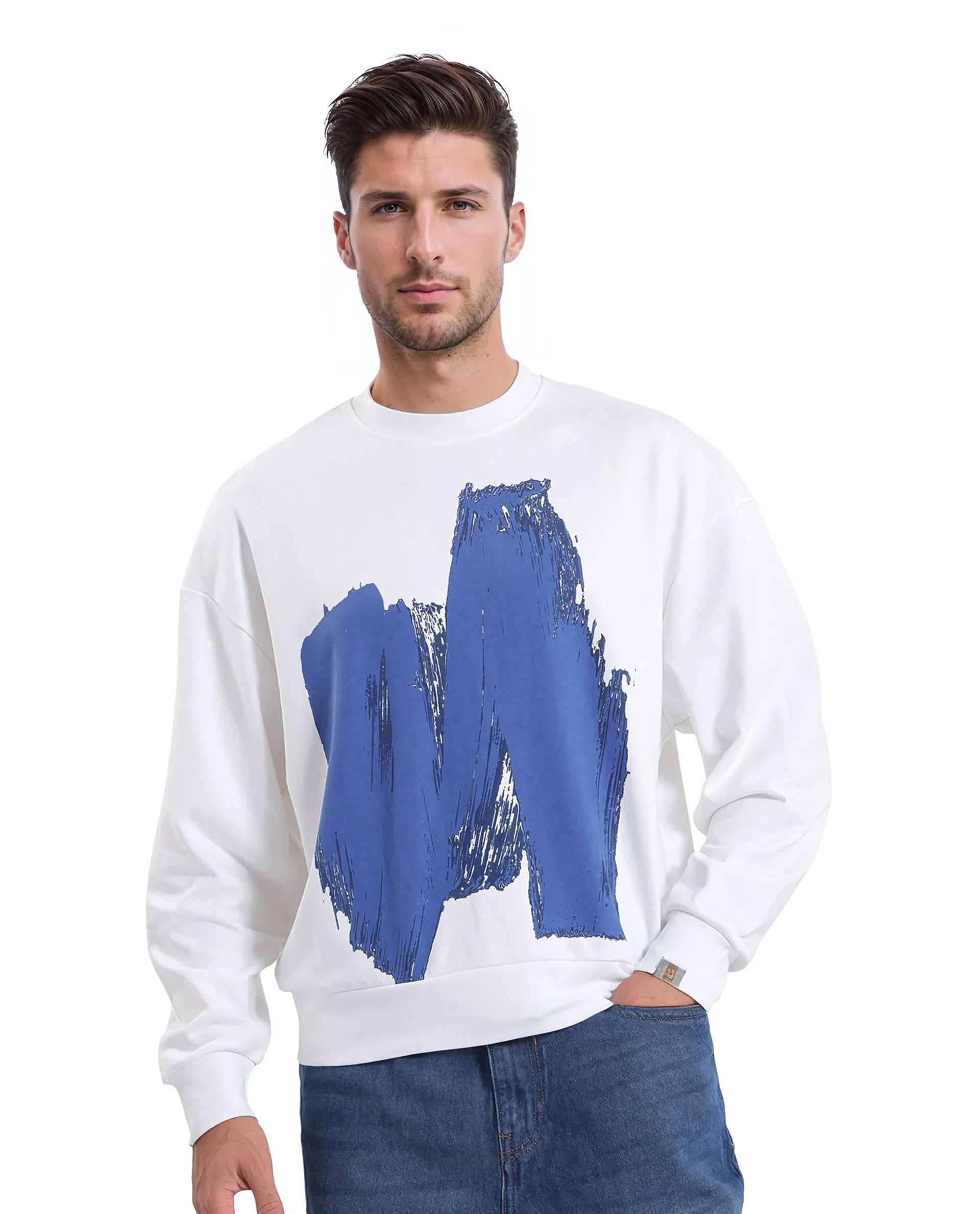 Rare Rabbit Men Bade Off White Cotton Polyester Fabric Full Sleeve Crew Neck Boxy Fit Printed Sweatshirt