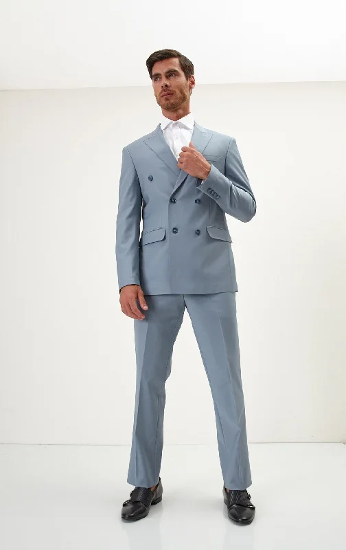 Super 120S Merino Wool Double Breasted Suit - Cool Grey