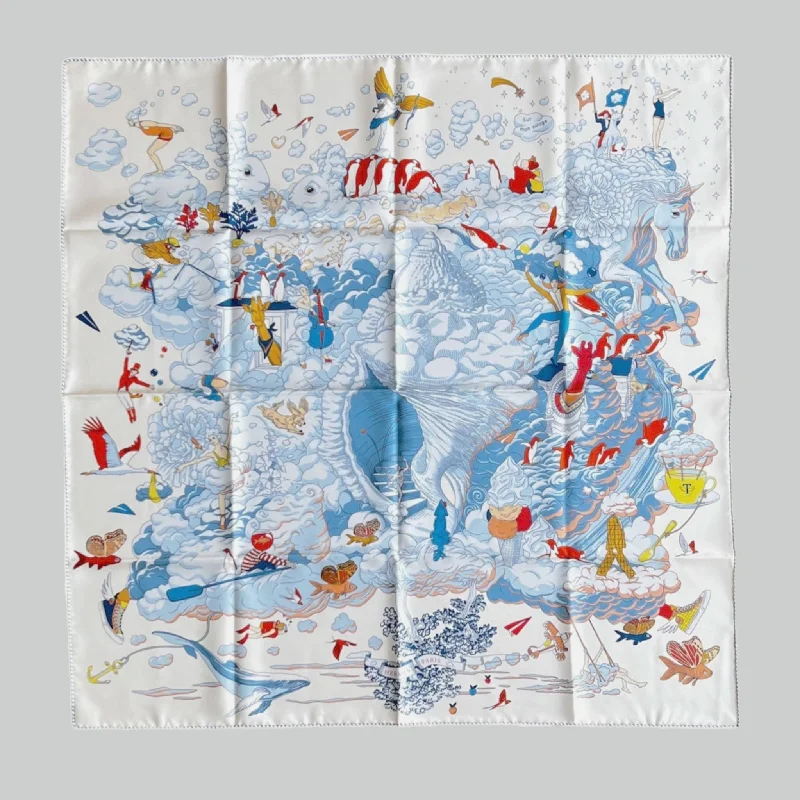 Hermes Sur Mon Nuage Scarf In Cream And Blue