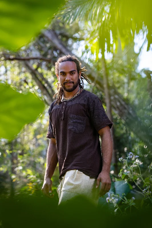 Mens ASURA Top Brown Sacred Plant Shipibo Pattern Pocket T Shirt Shamanic Neo Tribal Gypsy Ritual Shaman Ethnic Handmade AJJAYA