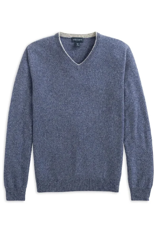 Pure Cashmere Mouliné V-Neck Sweater in Denim Blue by Scott Barber