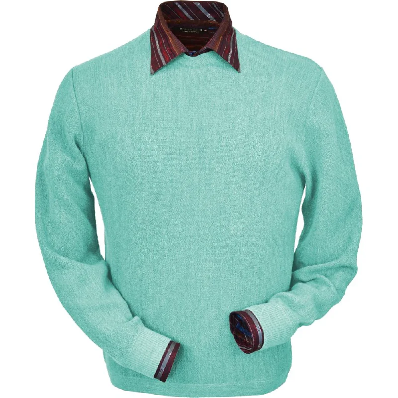 Baby Alpaca 'Links Stitch' Open Bottom Crew Neck Sweater in Aqua Heather by Peru Unlimited