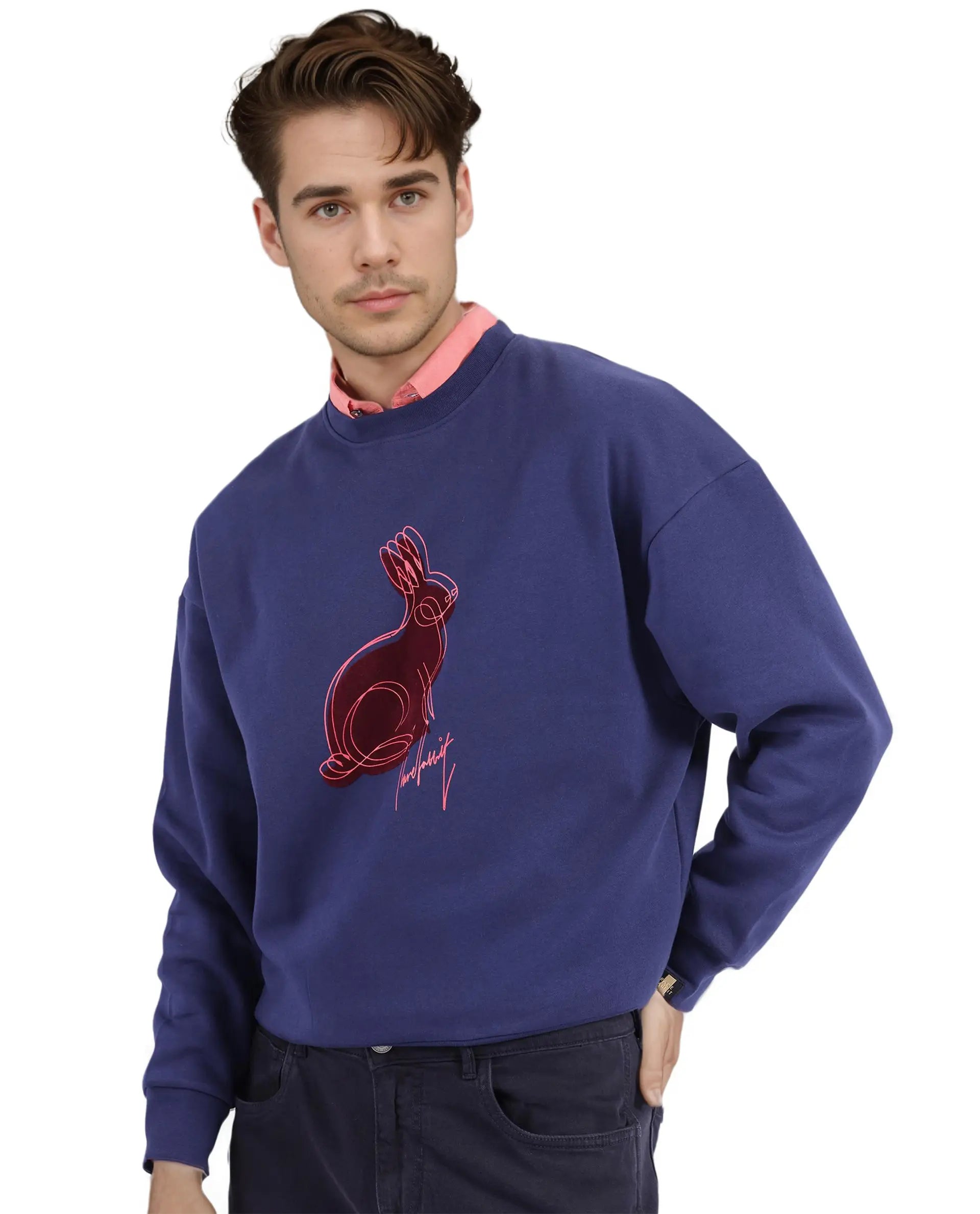 Rare Rabbit Men Ezy Navy Cotton Polyester Fabric Full Sleeve Crew Neck Boxy Fit Animal Print Sweatshirt