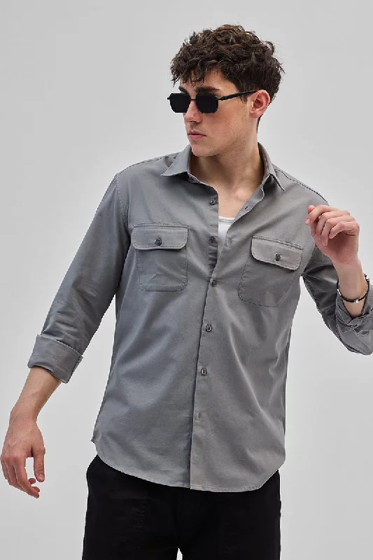 Grey Solid Double Pocket Overshirt