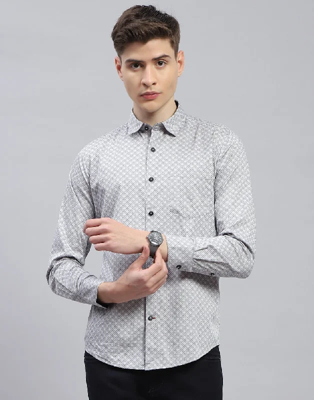 Men Grey Printed Spread Collar Full Sleeve Shirt