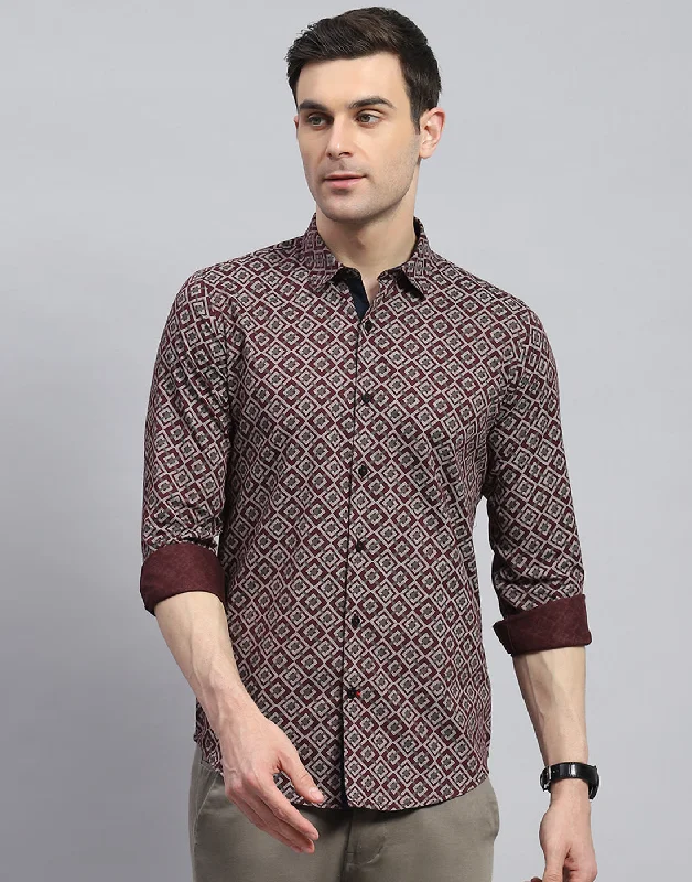 Men Maroon Printed Spread Collar Full Sleeve Shirt