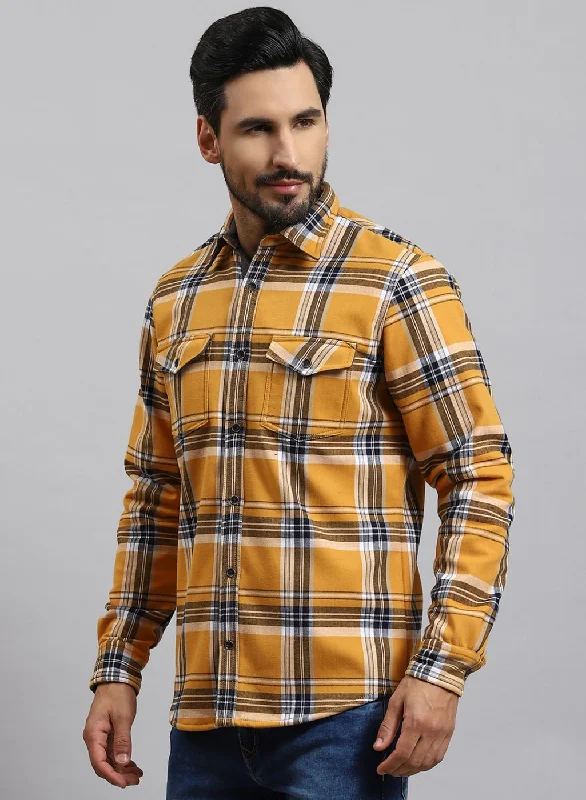 Men Mustard Check Cotton Blend Shirt