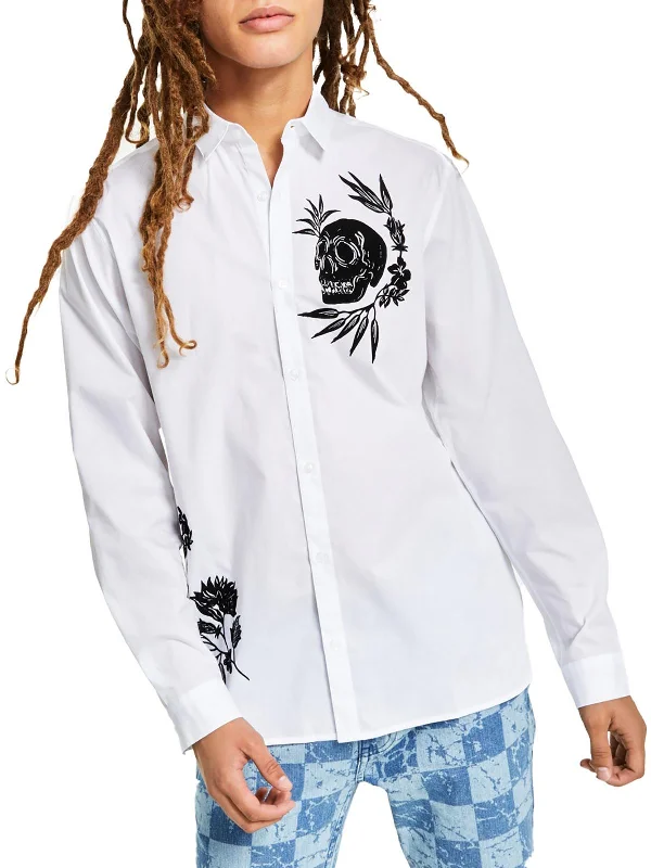 Floral Skull Mens Flocked Regular Fit Button-Down Shirt