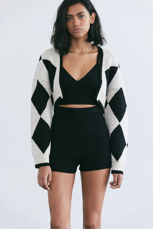 Argyle Crop Cardigan, Ivory & Black