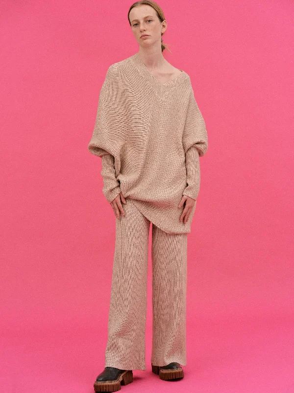 Asymmetric Rib Lounge Knit Set, Wheat