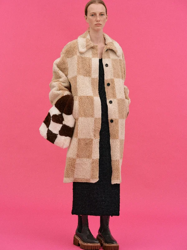 Checked Shearling Coat, Biscuit