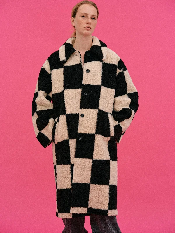 Checked Shearling Coat, Black