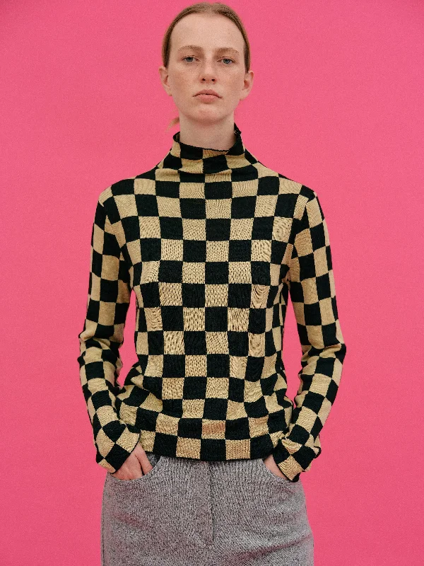 Checker Turtleneck Jersey Knit, Custard