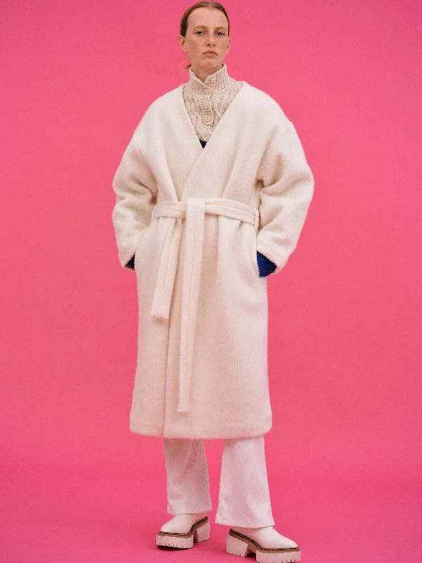 Collarless Robe Coat, Milk