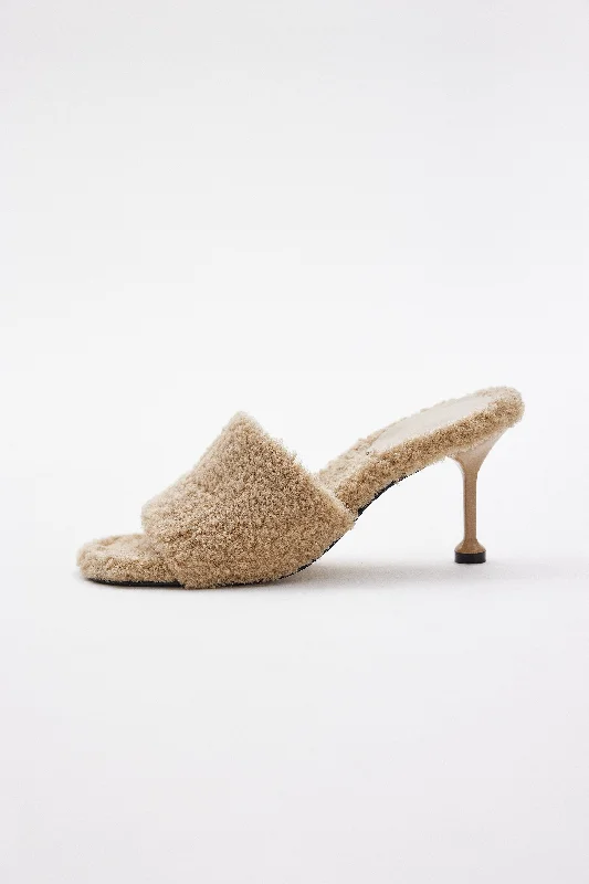 Furry Faux Shearling Mules, Latte