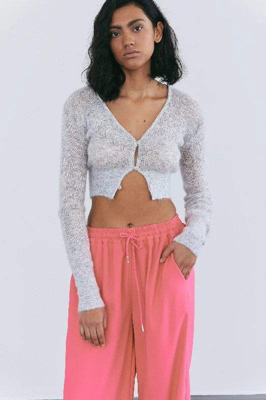 Fuzzy Crop Mohair Cardigan, Light Grey